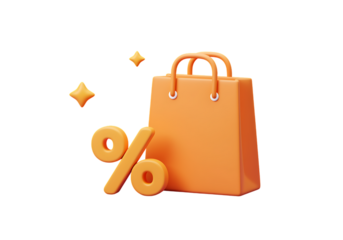 Orange shopping bag with discount symbol sparkles on transparent background