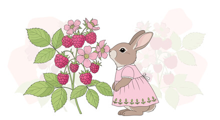 Bunny Enjoying Aroma Of Raspberry Blossoms, Charming Garden Illustration For Print