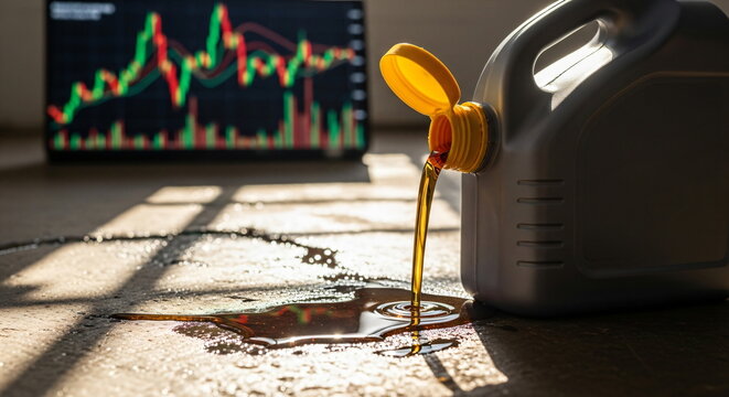 Oil pouring out of container with financial stock market chart on background, concept of oil prices footage