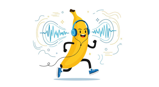 Cartoon Banana Running with Headphones Listening To Music and Energy Waves Illustration