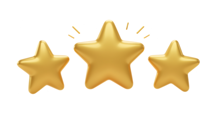 Three golden stars with sparkles ideal for ratings on transparent background