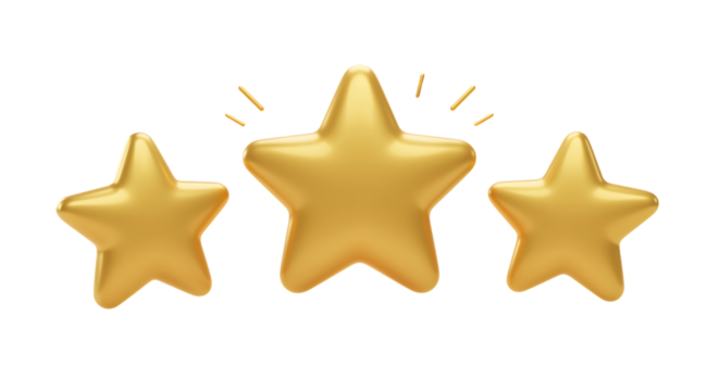 Three golden stars with sparkles ideal for ratings on transparent background