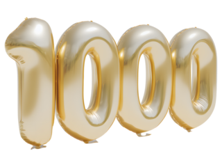 Golden metallic balloons shaped as number 1000 isolated on transparent background, ideal for grand celebration visuals.