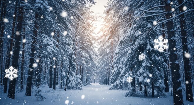 Experience the magic of a serene snowy forest path bathed in soft, warm sunlight as snowflakes gently fall, creating a tranquil winter wonderland. - Powered by Adobe