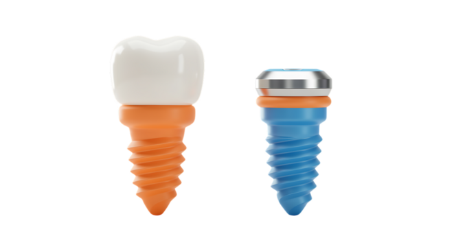 Dental implant components in orange and blue isolated on transparent background
