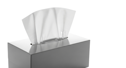 Silver tissue box with white paper napkin pulled out for cleaning  , isolated on a transparent background 