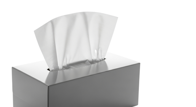 Silver tissue box with white paper napkin pulled out for cleaning  , isolated on a transparent background 