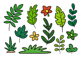 Hand-drawn tropical leaves and flowers for kids. Cartoon doodle tropical plant stickers. Vector illustration on white background.