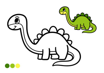 Cute cartoon dinosaur childrens coloring book page. Adorable and funny prehistoric animal. Black and white doodle outline illustration for preschool activities and educational resources.