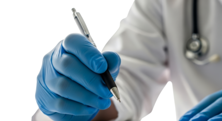 Doctor's latex-gloved hand holding pen in close-up on transparent background