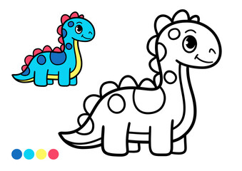 Cute cartoon dinosaur childrens coloring book page with color example. Adorable prehistoric animal with spots and plates. Black and white outline drawing for kids art, learning, and creative fun.
