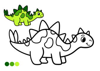 Cute cartoon dinosaur childrens coloring book page with color example. Smiling stegosaurus with plates and tail spikes. Black and white outline drawing for preschool art, games, and creative learning.