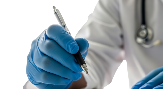 Doctor's latex-gloved hand holding pen in close-up on transparent background  