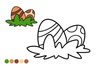 Cute dinosaur childrens coloring book page with color example. Funny dinosaur eggs in grass. Simple black and white outline illustration for preschool coloring and creative learning activities.