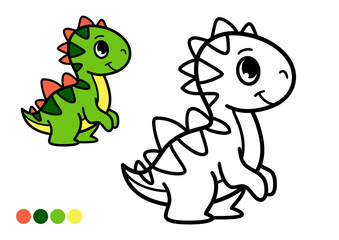 Cute cartoon dinosaur childrens coloring book page. Happy prehistoric animal with spikes on its back. Simple black and white outline illustration with example color reference for kids learning.