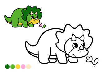 Cute cartoon dinosaur childrens coloring book page. Happy triceratops eating flower. Black and white outline illustration with color example for kids drawing, preschool learning and creative fun.