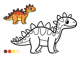 Cute cartoon dinosaur childrens coloring book page. Funny stegosaurus with plates on its back. Black and white outline illustration with example colors for kids art activities and preschool learning.