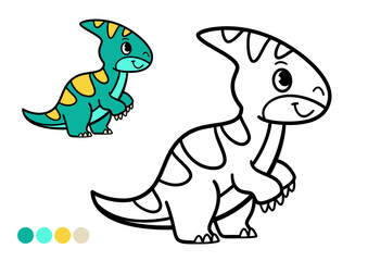 Cute cartoon dinosaur childrens coloring book page. Simple and easy illustration of funny dinosaur with head crest. Black and white outline drawing with color example for preschool art and learning.
