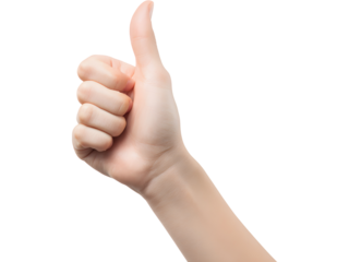 Hand gesture showing thumbs up isolated on transparent background, symbol of approval and success.