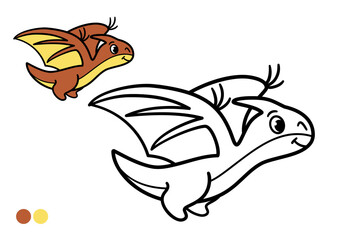 Cute cartoon dinosaur childrens coloring book page. Funny flying pterosaur. Black and white outline illustration with color example for preschool learning and creative fun.