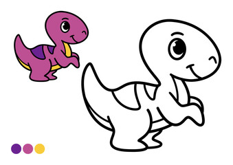 Cute cartoon dinosaur childrens coloring book page. Simple and easy outline drawing with color example for preschool learning and creative fun.