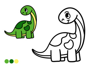 Cute cartoon dinosaur childrens coloring book page. Simple and easy brontosaurus outline illustration with color example for preschool learning and creative fun.