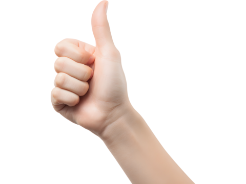 Hand gesture showing thumbs up isolated on transparent background, symbol of approval and success.