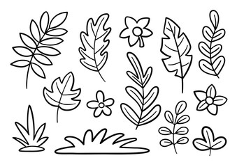 Doodle leaves and flowers set. Simple black and white botanical hand-drawn plant coloring page for kids. Vector outline illustration.