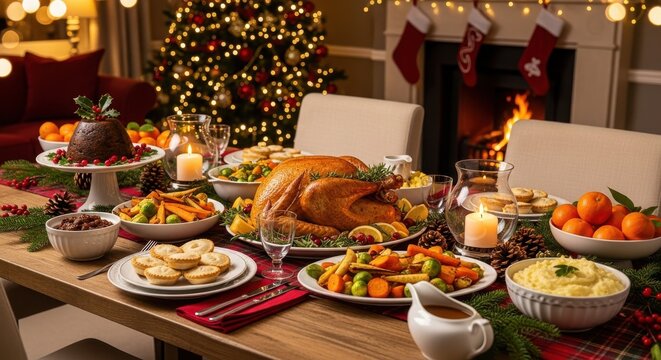 Glistening roasted turkey and festive Christmas feast served on a warm, inviting dining table by a cozy fireplace with a decorated tree