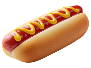 Classic hot dog with mustard on bun isolated on transparent background, ideal for street food visuals.