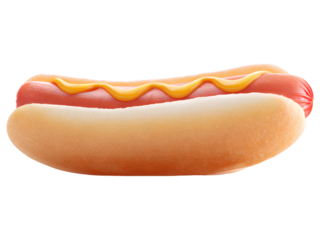 Classic hot dog with mustard on bun isolated on transparent background, ideal for street food visuals.