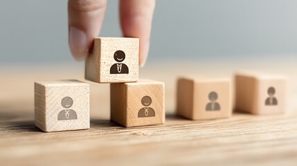 Empathy in the workplace concept. Wooden block with an icon of two people hugging, symbolizing empathy among team member icon. Emotional intelligence, collaboration, trust within a professional team.