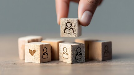 Empathy in the workplace concept. Wooden block with an icon of two people hugging, symbolizing empathy among team member icon. Emotional intelligence, collaboration, trust within a professional team.