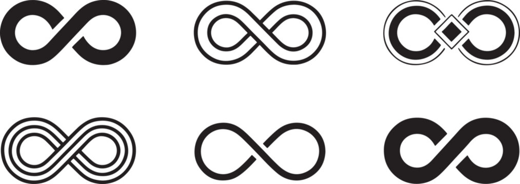 Six black infinity symbol variations on white background endless eternal