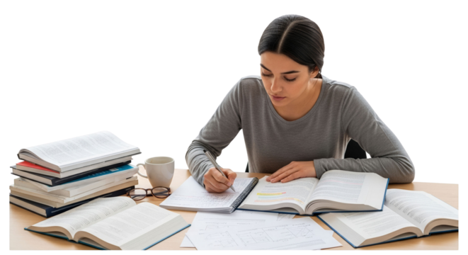 Young woman studying at table with notes and books on transparent  background  