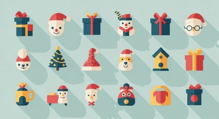 Delightful flat design Christmas icons featuring Santa, snowmen, trees, and gifts create festive holiday cheer for seasonal projects