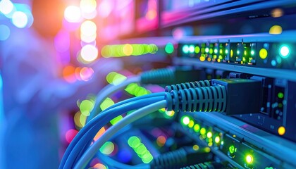 Network cables connected to server with glowing lights representing data transfer, communication, internet infrastructure, and digital connectivity concept