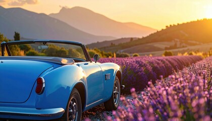 Vintage blue convertible parked along a lavender field at sunset in Provence symbolizing freedom, summer travel dreams and nostalgic beauty of countryside escapes