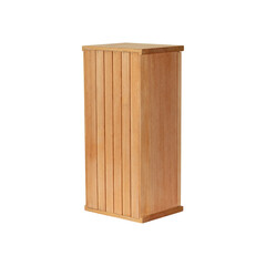 A tall rectangular wooden box with vertical slats and a natural light brown finish