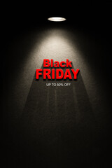 Black Friday red text under spotlight on dark wall, promo background