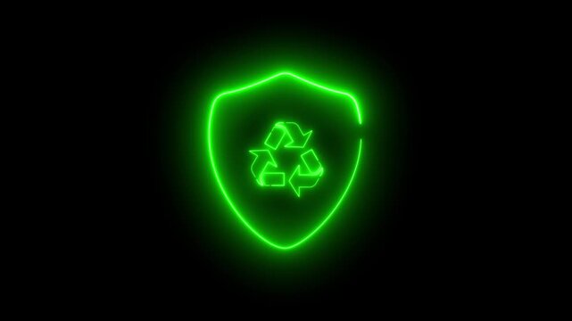 Neon light animation of a shield icon with a recycling sign in the middle