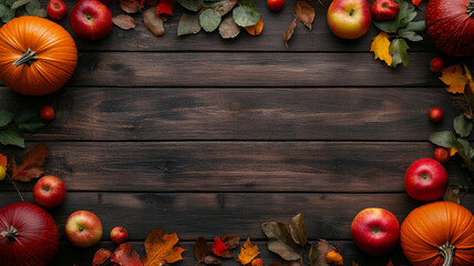 Dark rustic wooden background framed by pumpkins, colorful apples, and autumn leaves. Ideal for Thanksgiving, fall harvest, or recipes.