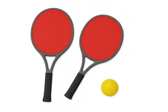 Two red beach tennis rackets with a yellow ball, representing summer fun, leisure activity, and sporting equipment on transparent background