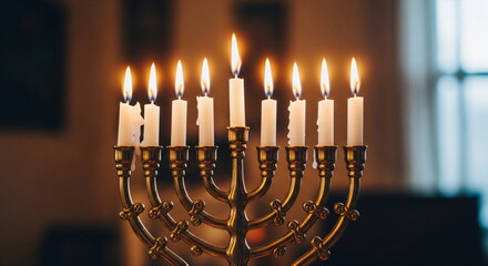 A golden menorah with lit candles burning brightly against a dark background with lights for filming a Hanukkah celebration.