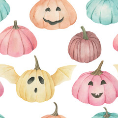 Watercolor seamless pattern with pumpkin. Hand drawn illustration on white background