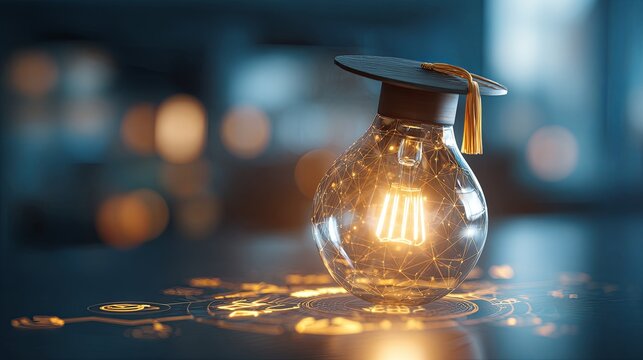 Digital Education Concept with Innovative Light Bulb, Graduation Cap, and Symbols on Touchscreen Interface for Modern Learning and Knowledge Sharing