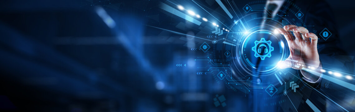 Businessman hand hold technical support icon. IT assistance and customer troubleshooting. Helpdesk, service, communication, repair, diagnostics, and technology maintenance system. - Powered by Adobe