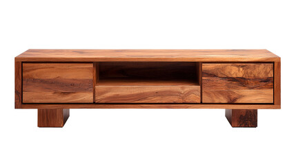 Modern Wooden Media Console with Two Drawers and Open Shelf isolated on a transparent background