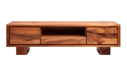 Modern Wooden Media Console with Two Drawers and Open Shelf isolated on a transparent background