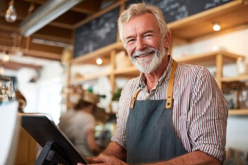 Man working at a shop counter with calculator